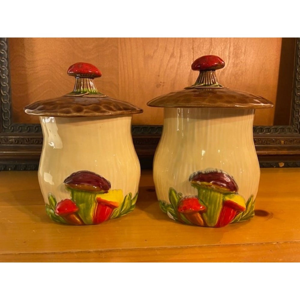 Vintage McCoy Mushroom Canister Set of 2 Ceramic Jars Retro 1970s Kitchen Decor
